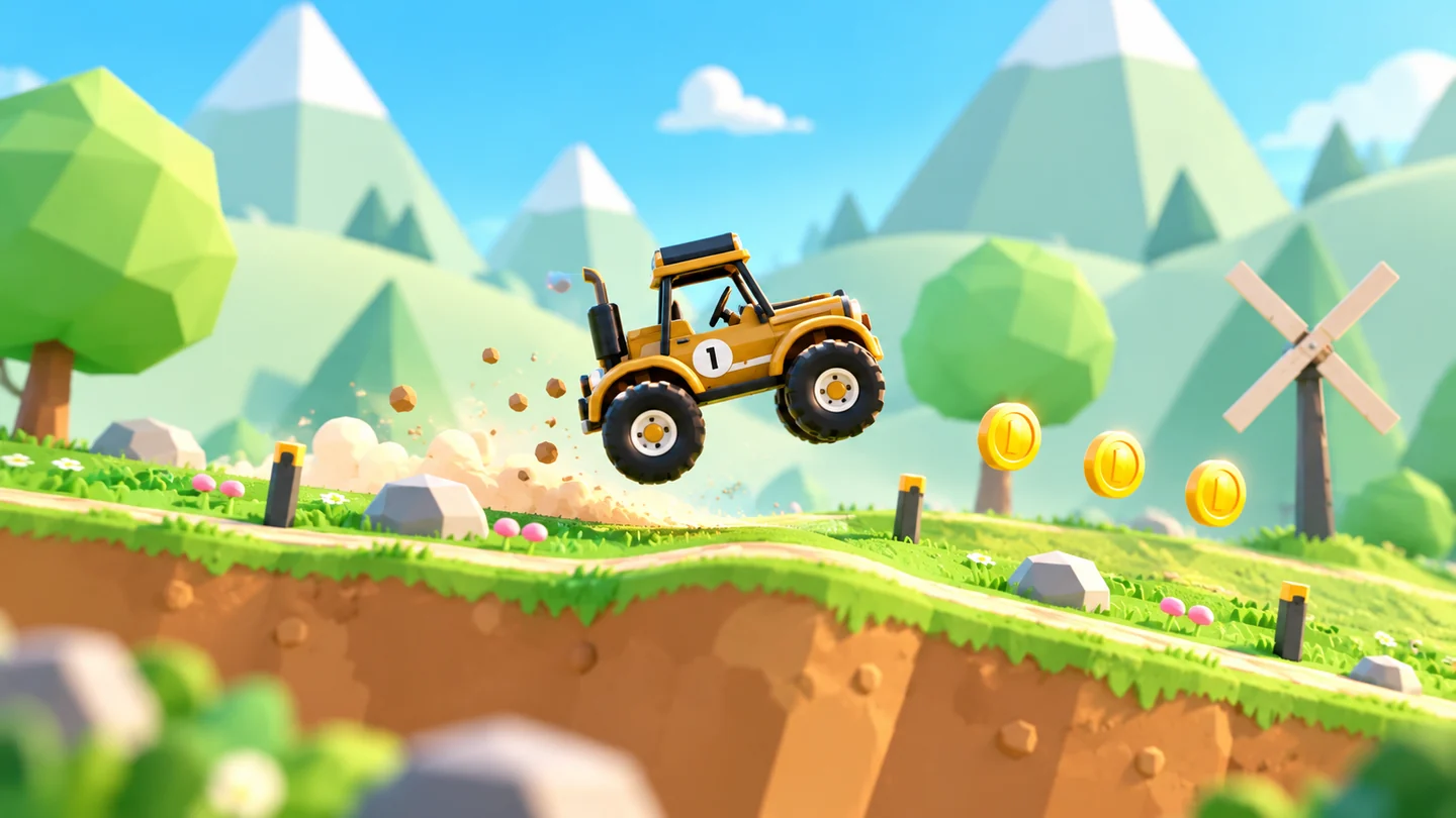 A yellow off-road buggy jumping across a sunny mountain course